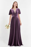 Velvet Women's Formal Evening Dresses Flutter Sleeves Mother of the Bride Dress Gowns