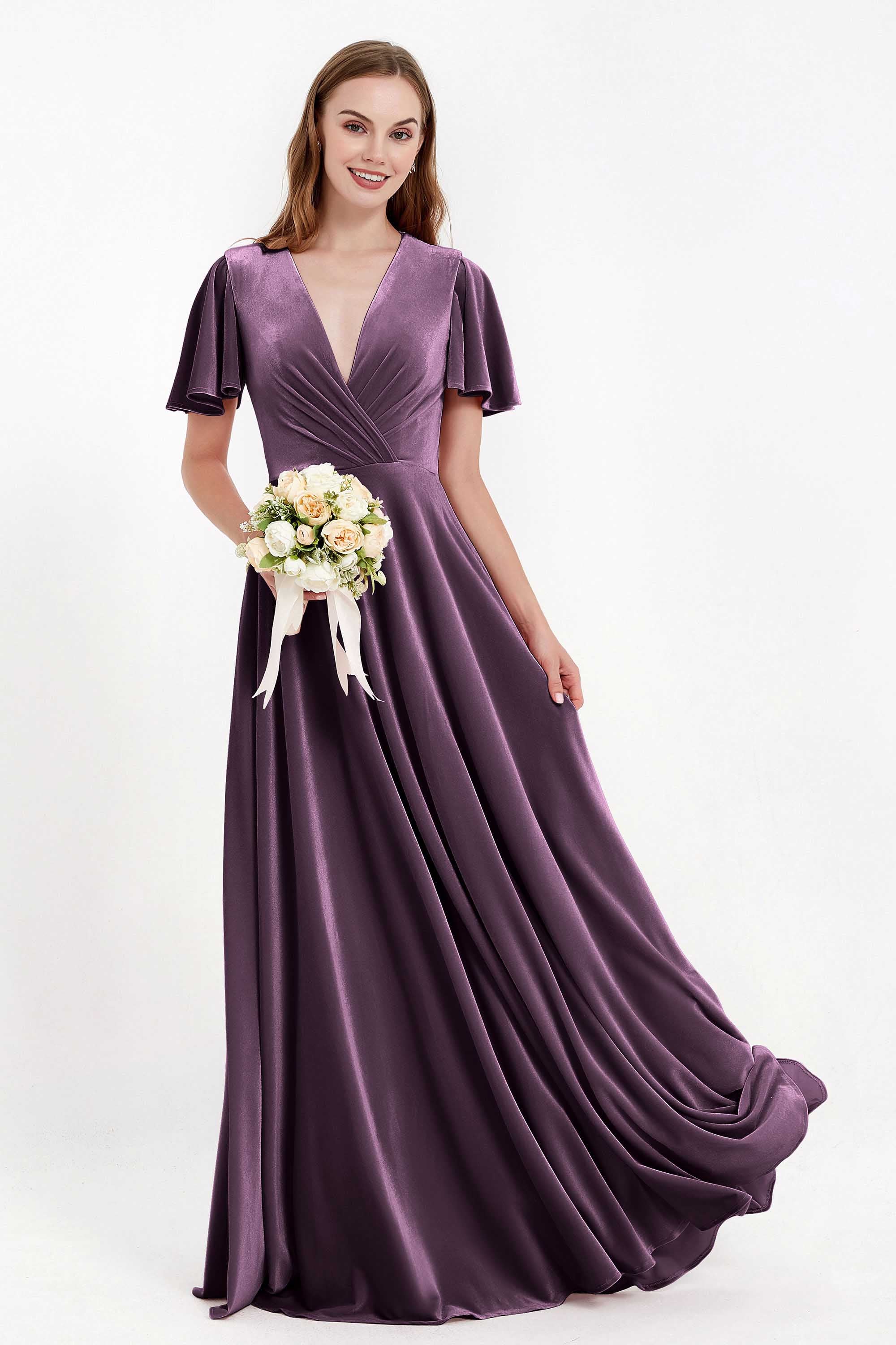 Velvet Women's Formal Evening Dresses Flutter Sleeves Mother of the Bride Dress Gowns