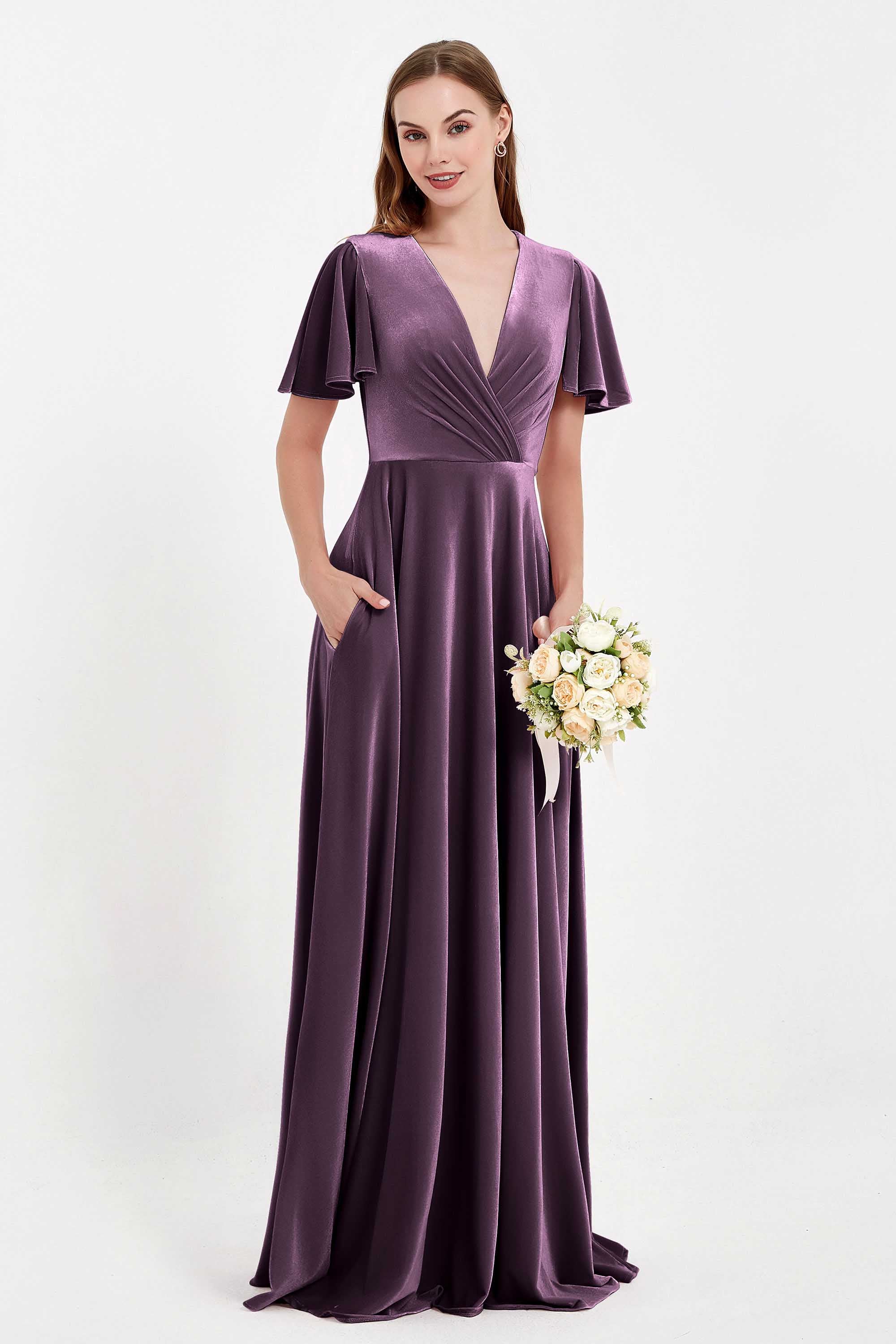 Velvet Women's Formal Evening Dresses Flutter Sleeves Mother of the Bride Dress Gowns
