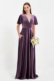 Velvet Women's Formal Evening Dresses Flutter Sleeves Mother of the Bride Dress Gowns