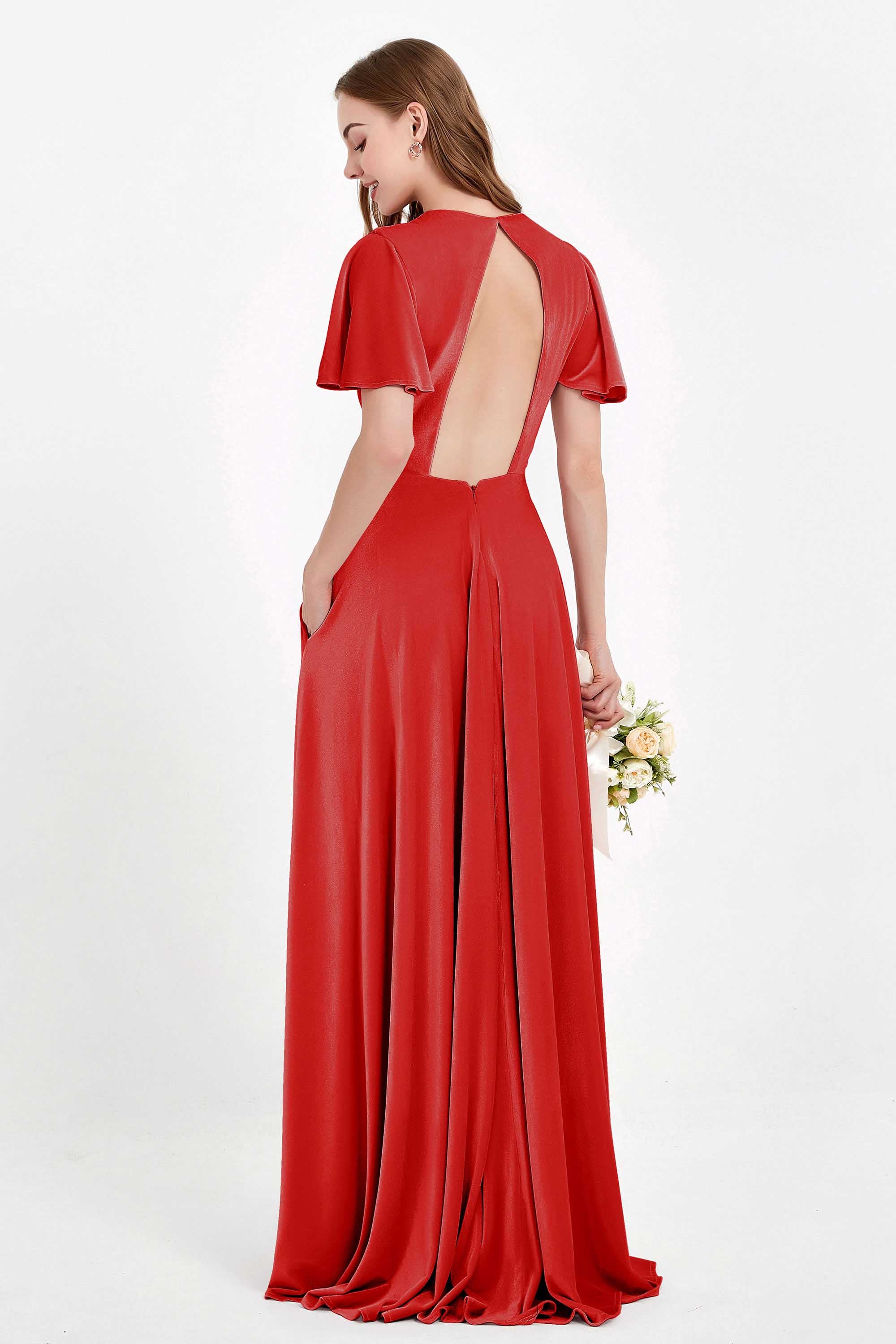 Velvet Women's Formal Evening Dresses Flutter Sleeves Mother of the Bride Dress Gowns