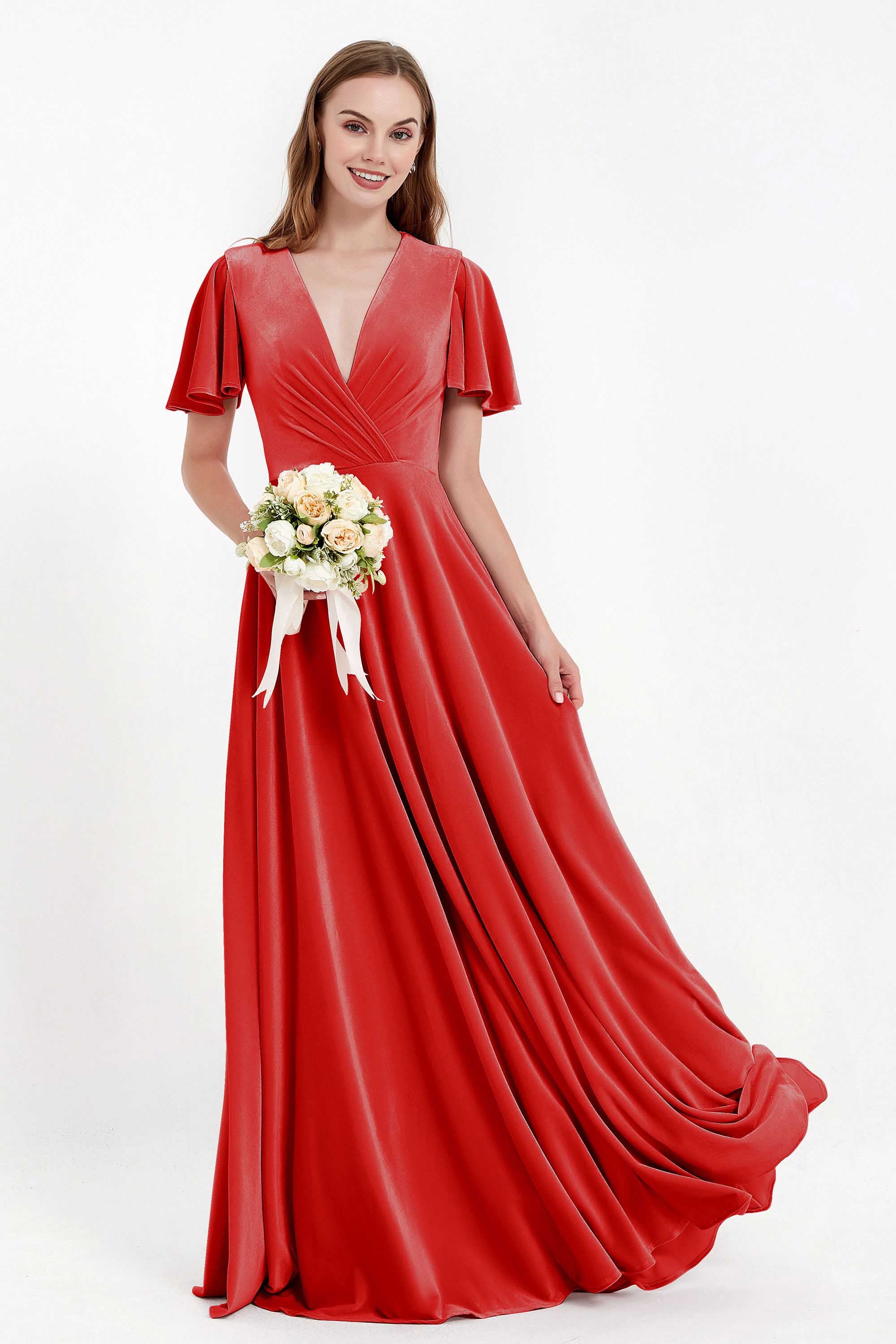 Velvet Women's Formal Evening Dresses Flutter Sleeves Mother of the Bride Dress Gowns