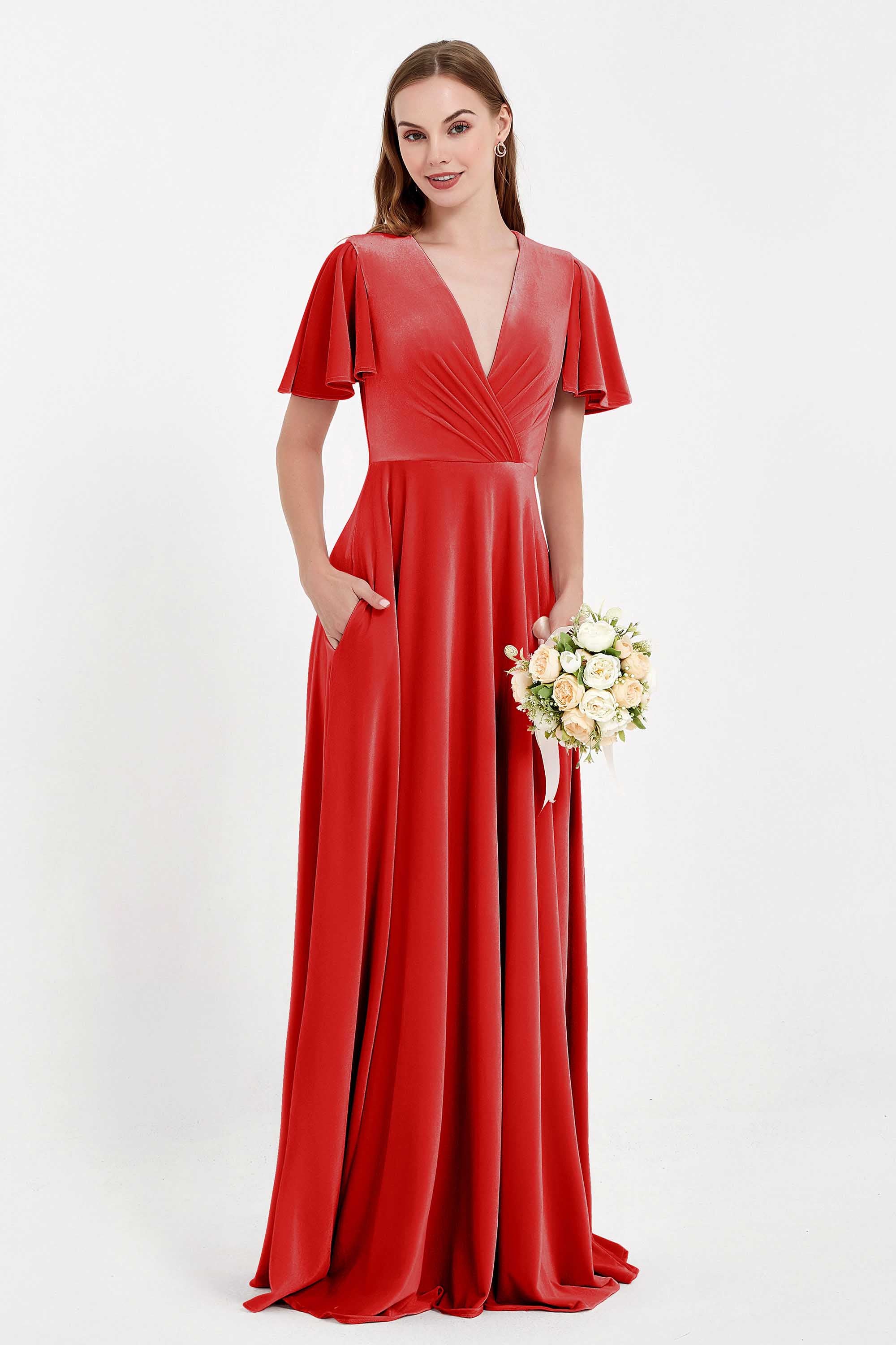 Velvet Women's Formal Evening Dresses Flutter Sleeves Mother of the Bride Dress Gowns