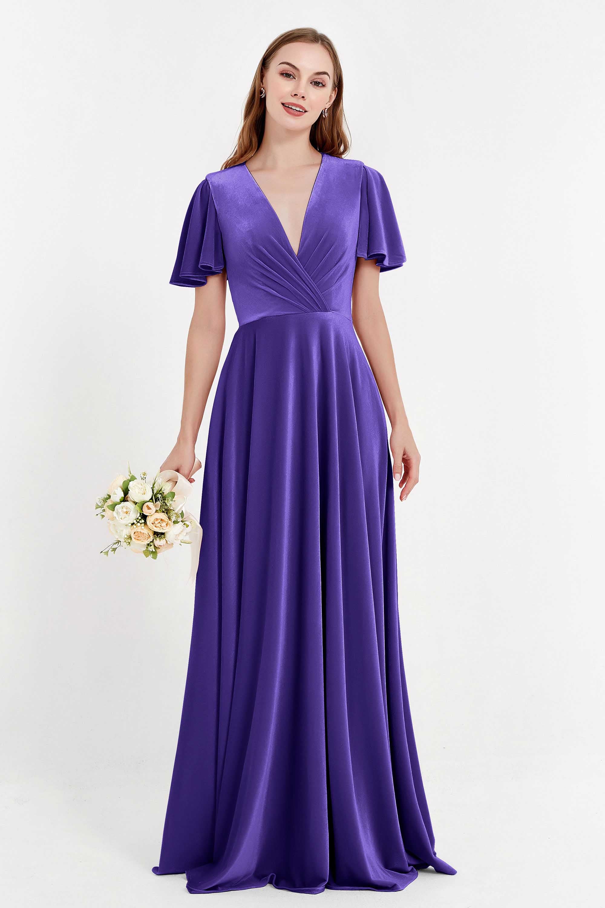 Velvet Women's Formal Evening Dresses Flutter Sleeves Mother of the Bride Dress Gowns