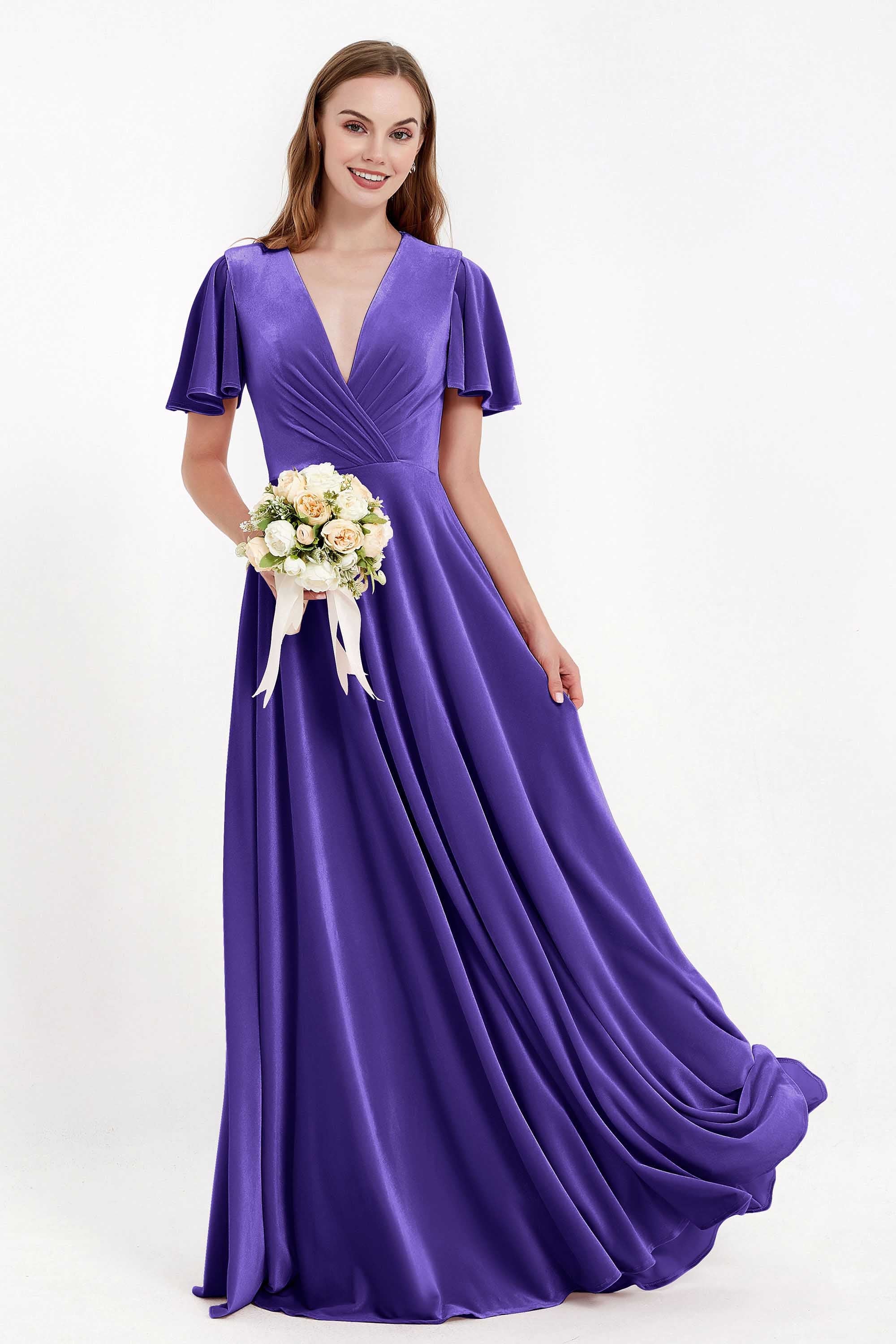 Velvet Women's Formal Evening Dresses Flutter Sleeves Mother of the Bride Dress Gowns