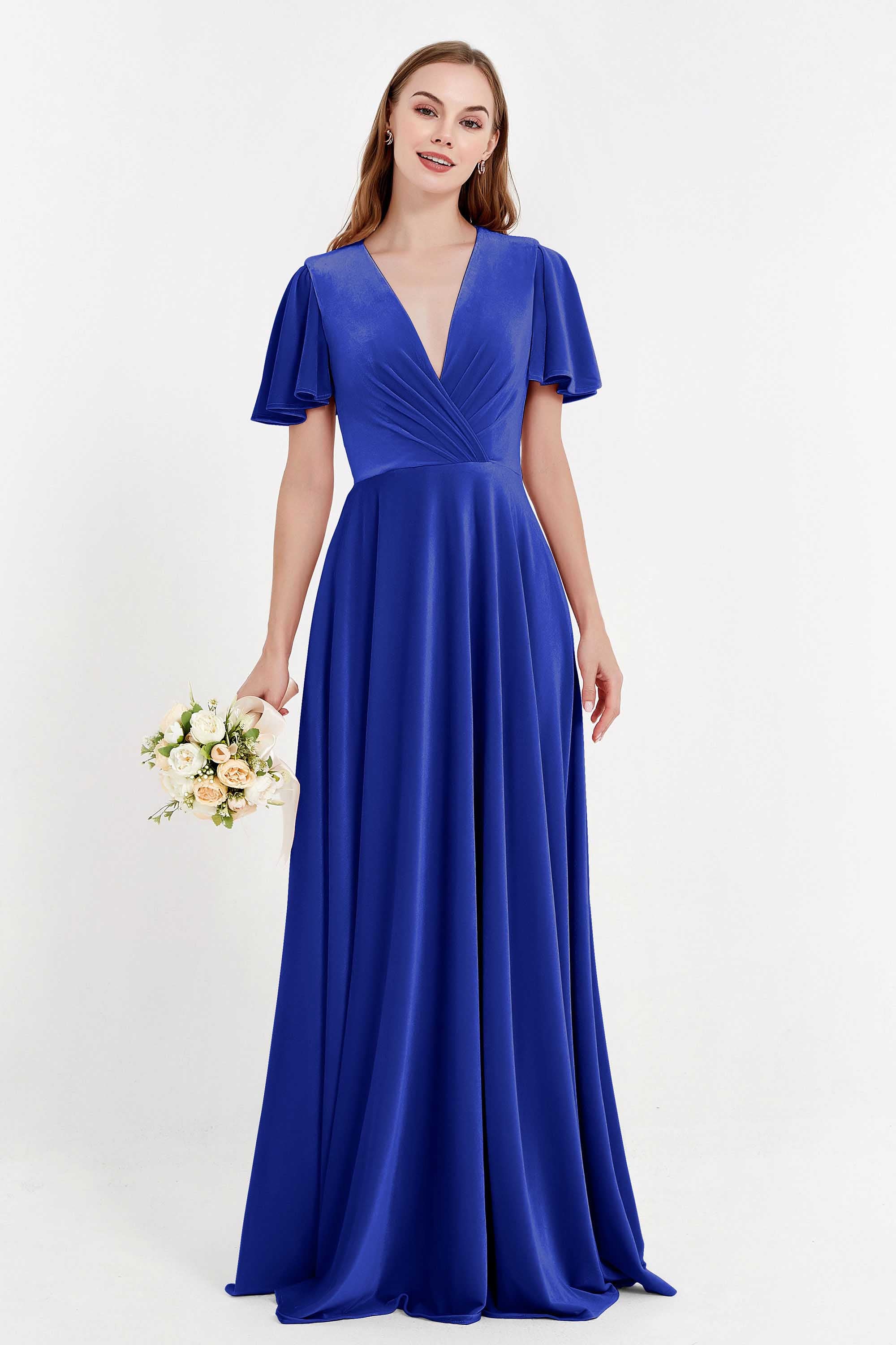 Velvet Women's Formal Evening Dresses Flutter Sleeves Mother of the Bride Dress Gowns