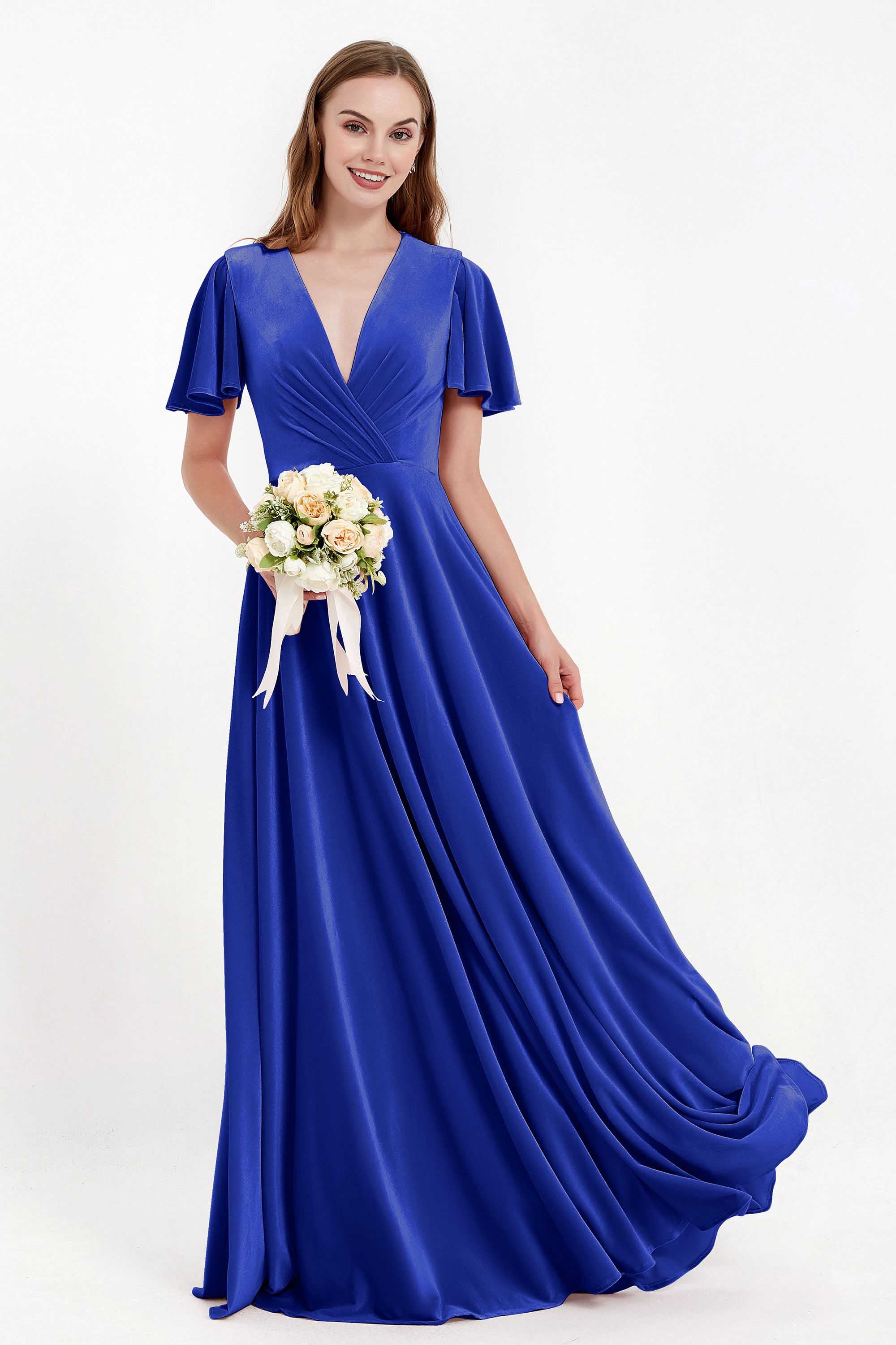 Velvet Women's Formal Evening Dresses Flutter Sleeves Mother of the Bride Dress Gowns