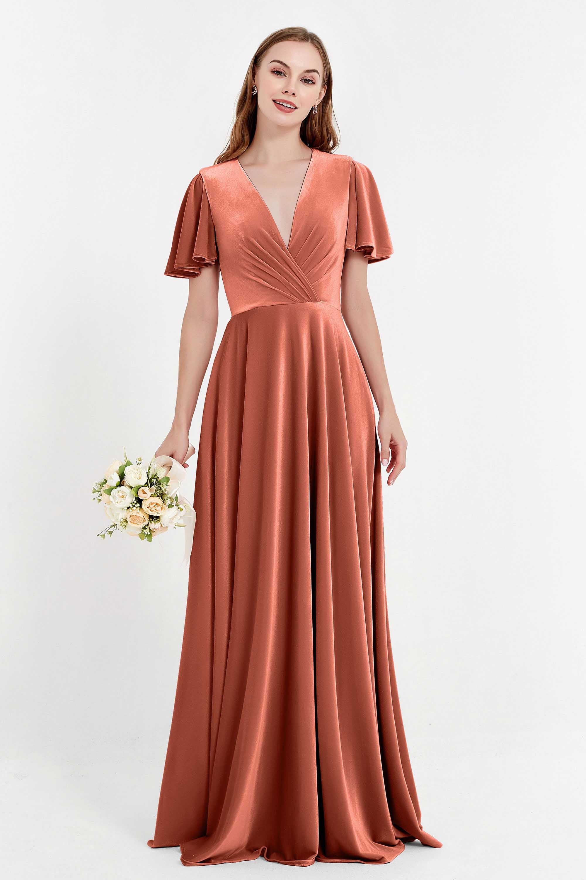 Velvet Women's Formal Evening Dresses Flutter Sleeves Mother of the Bride Dress Gowns