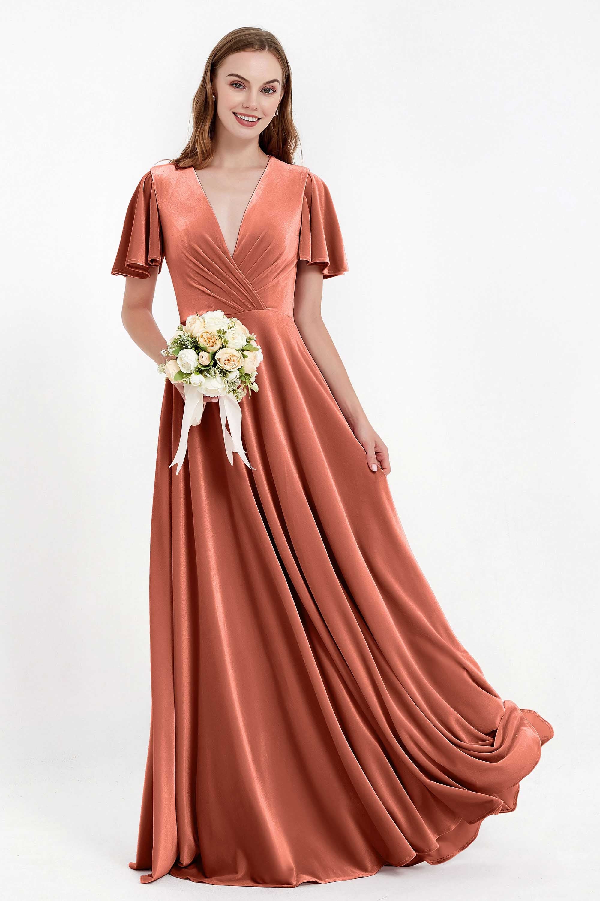 Velvet Women's Formal Evening Dresses Flutter Sleeves Mother of the Bride Dress Gowns