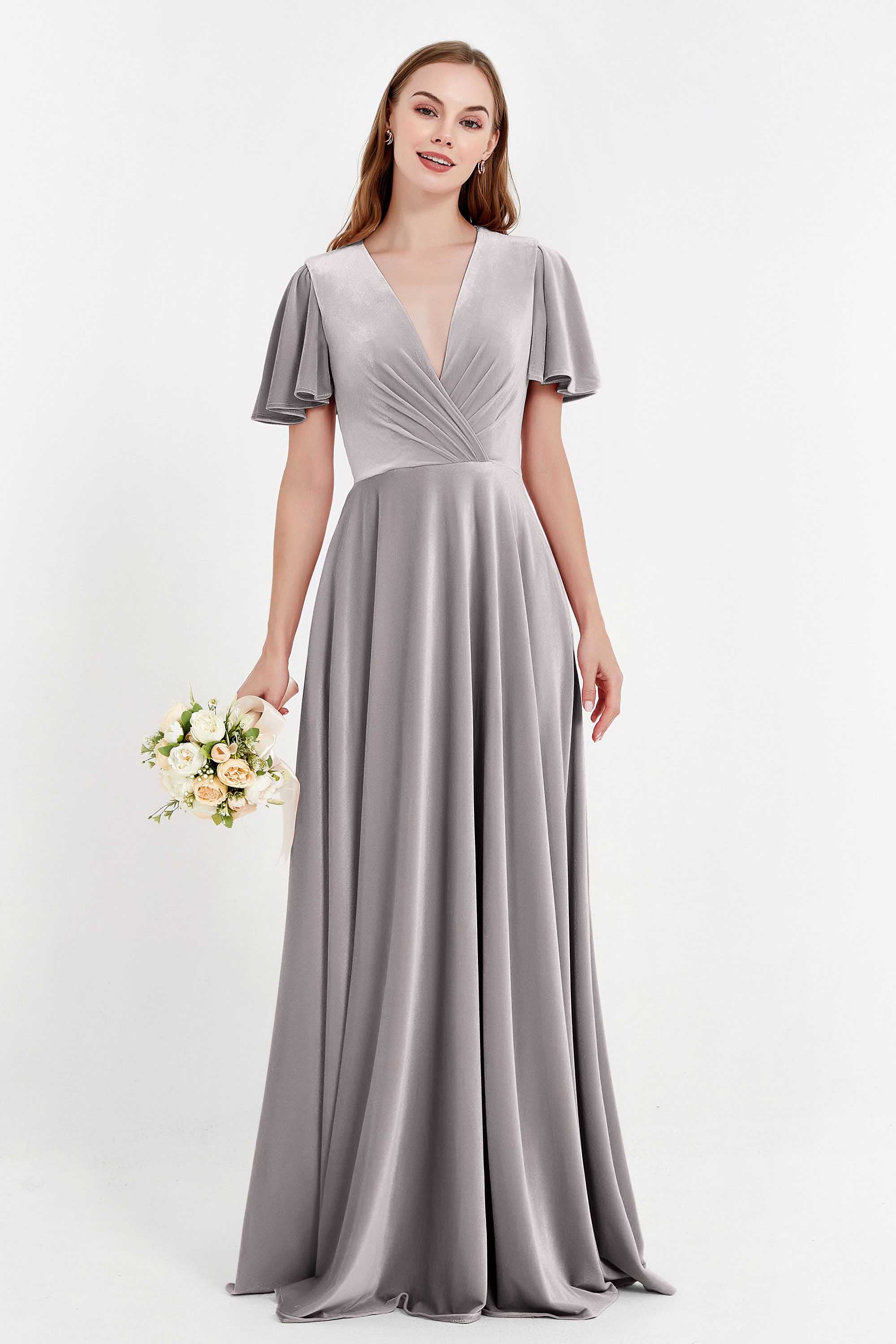 Velvet Women's Formal Evening Dresses Flutter Sleeves Mother of the Bride Dress Gowns