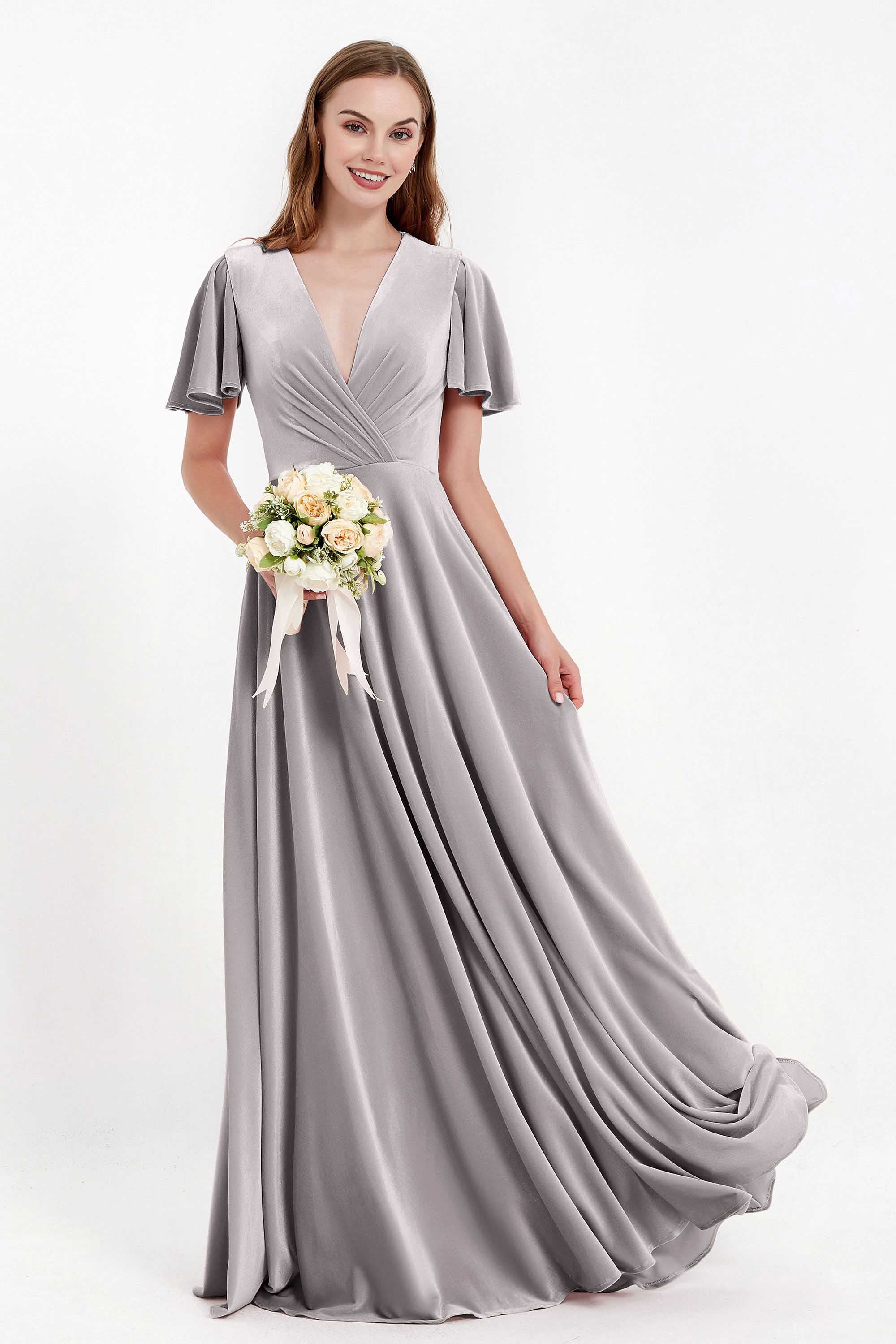 Velvet Women's Formal Evening Dresses Flutter Sleeves Mother of the Bride Dress Gowns