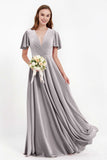 Velvet Women's Formal Evening Dresses Flutter Sleeves Mother of the Bride Dress Gowns