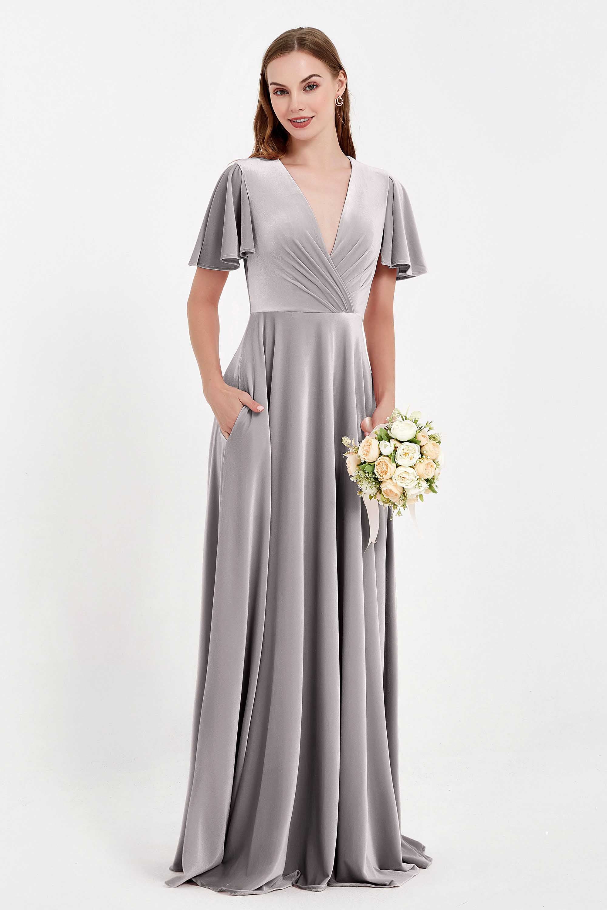 Velvet Women's Formal Evening Dresses Flutter Sleeves Mother of the Bride Dress Gowns