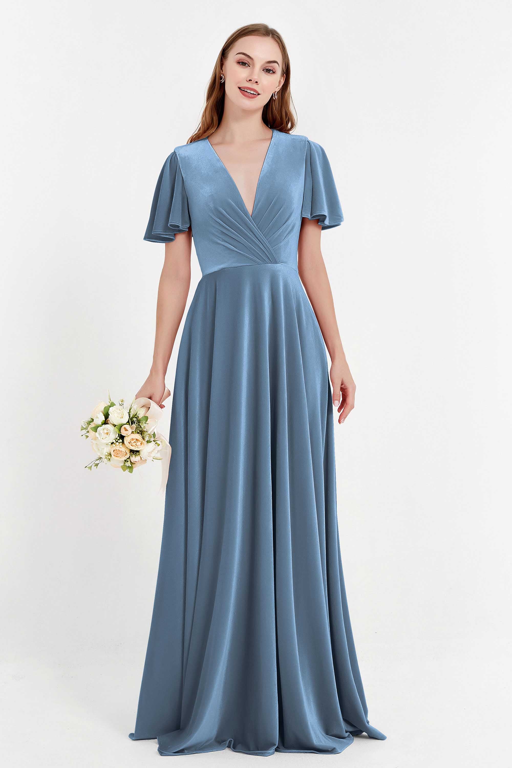 Velvet Women's Formal Evening Dresses Flutter Sleeves Mother of the Bride Dress Gowns