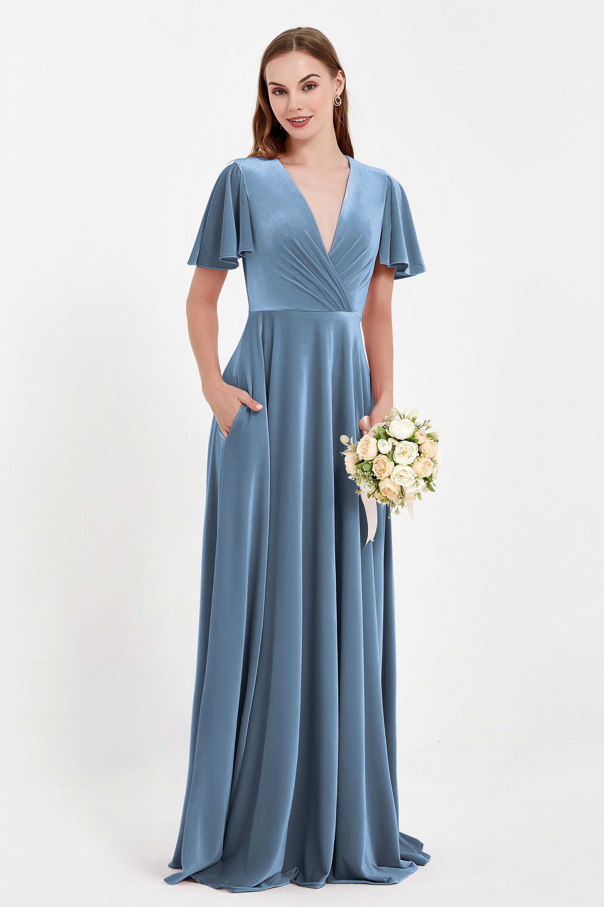Velvet Women's Formal Evening Dresses Flutter Sleeves Mother of the Bride Dress Gowns