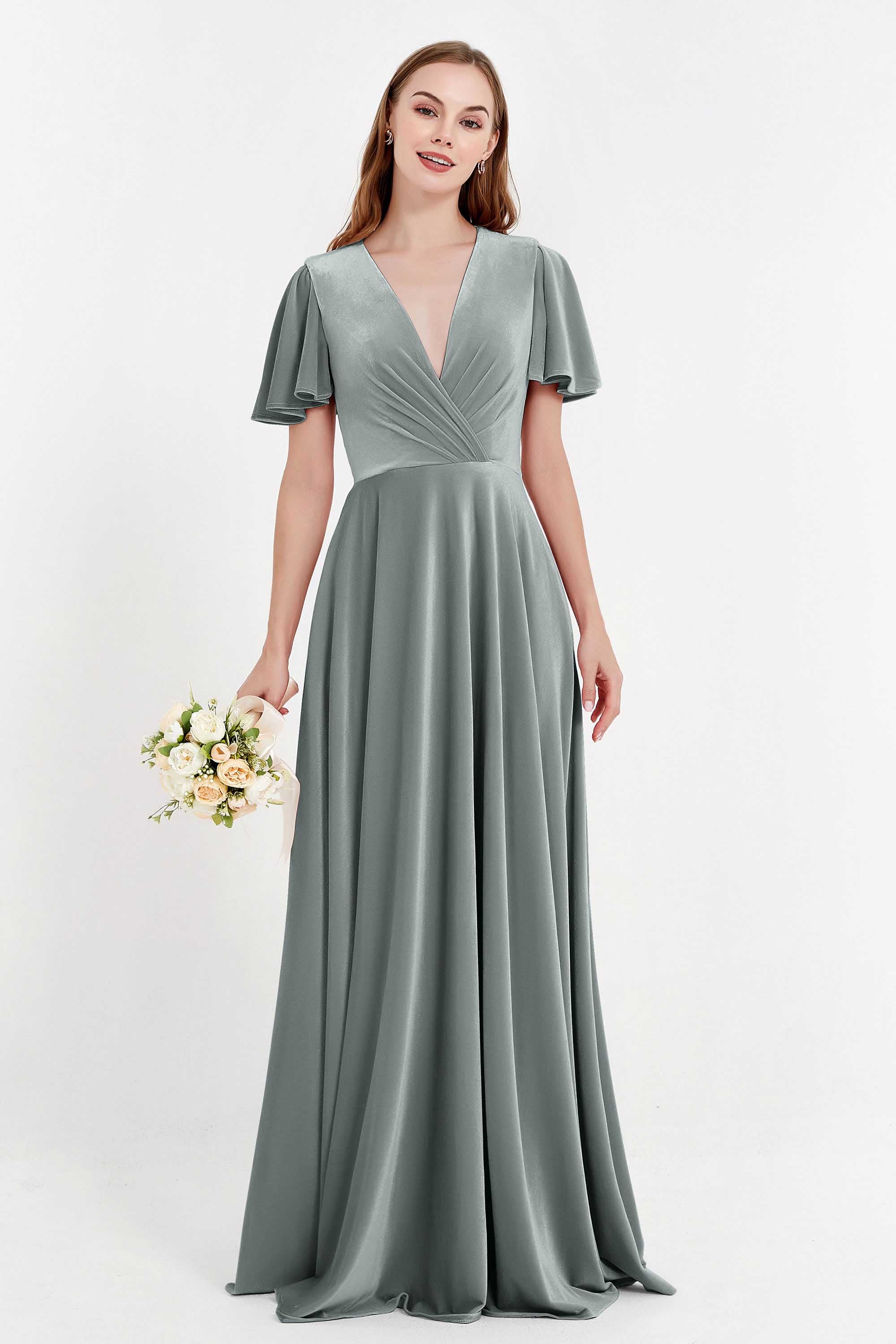 Velvet Women's Formal Evening Dresses Flutter Sleeves Mother of the Bride Dress Gowns