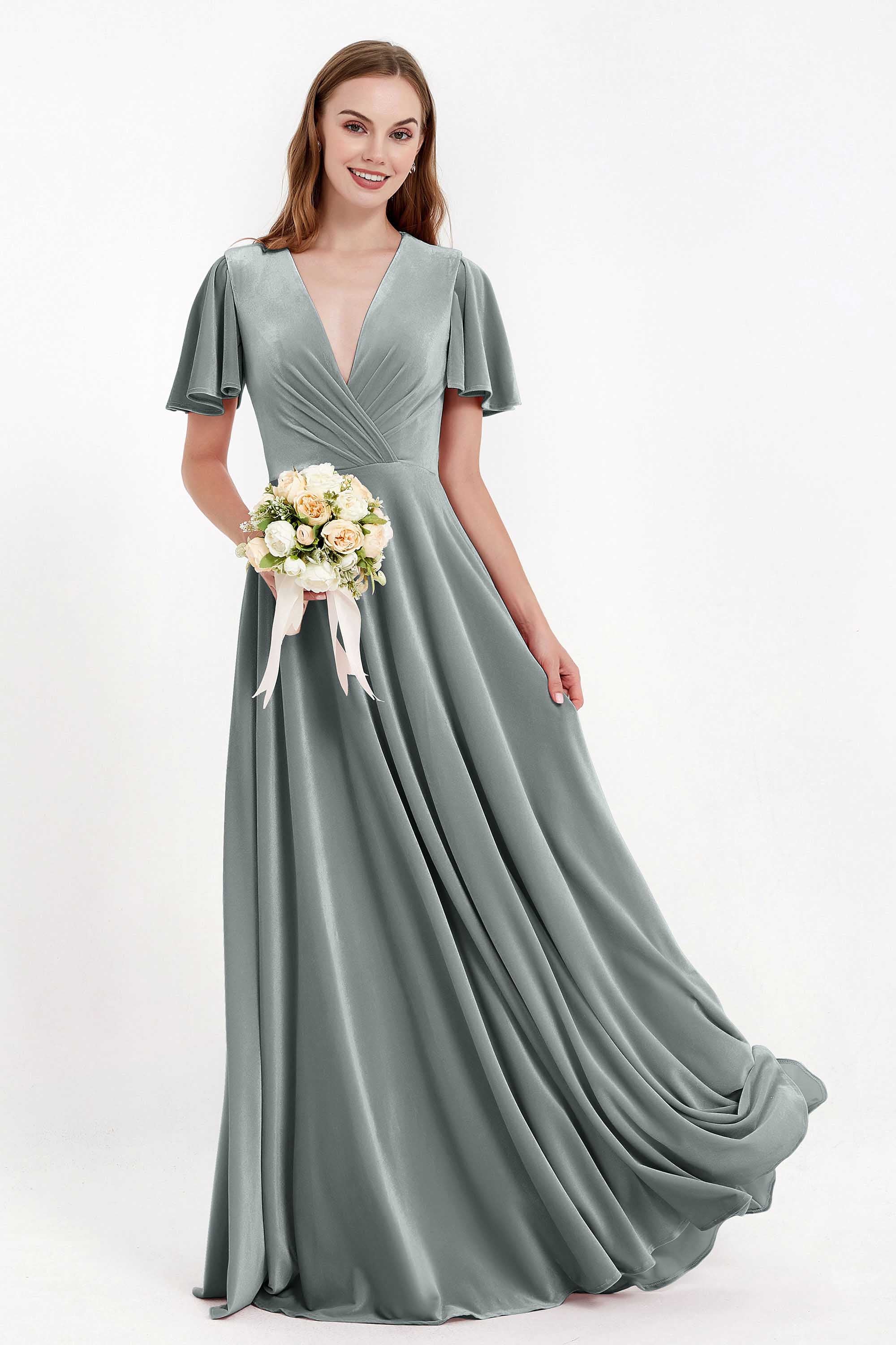Velvet Women's Formal Evening Dresses Flutter Sleeves Mother of the Bride Dress Gowns
