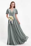 Velvet Women's Formal Evening Dresses Flutter Sleeves Mother of the Bride Dress Gowns