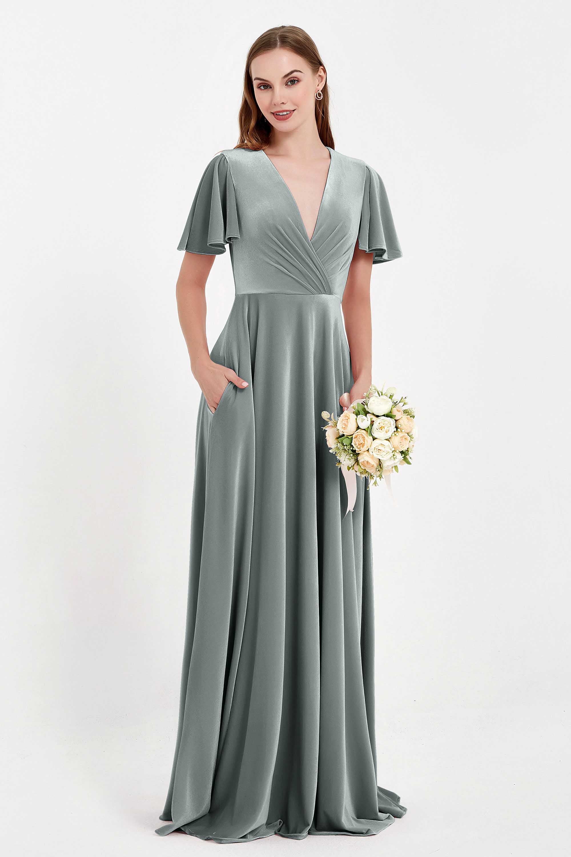 Velvet Women's Formal Evening Dresses Flutter Sleeves Mother of the Bride Dress Gowns