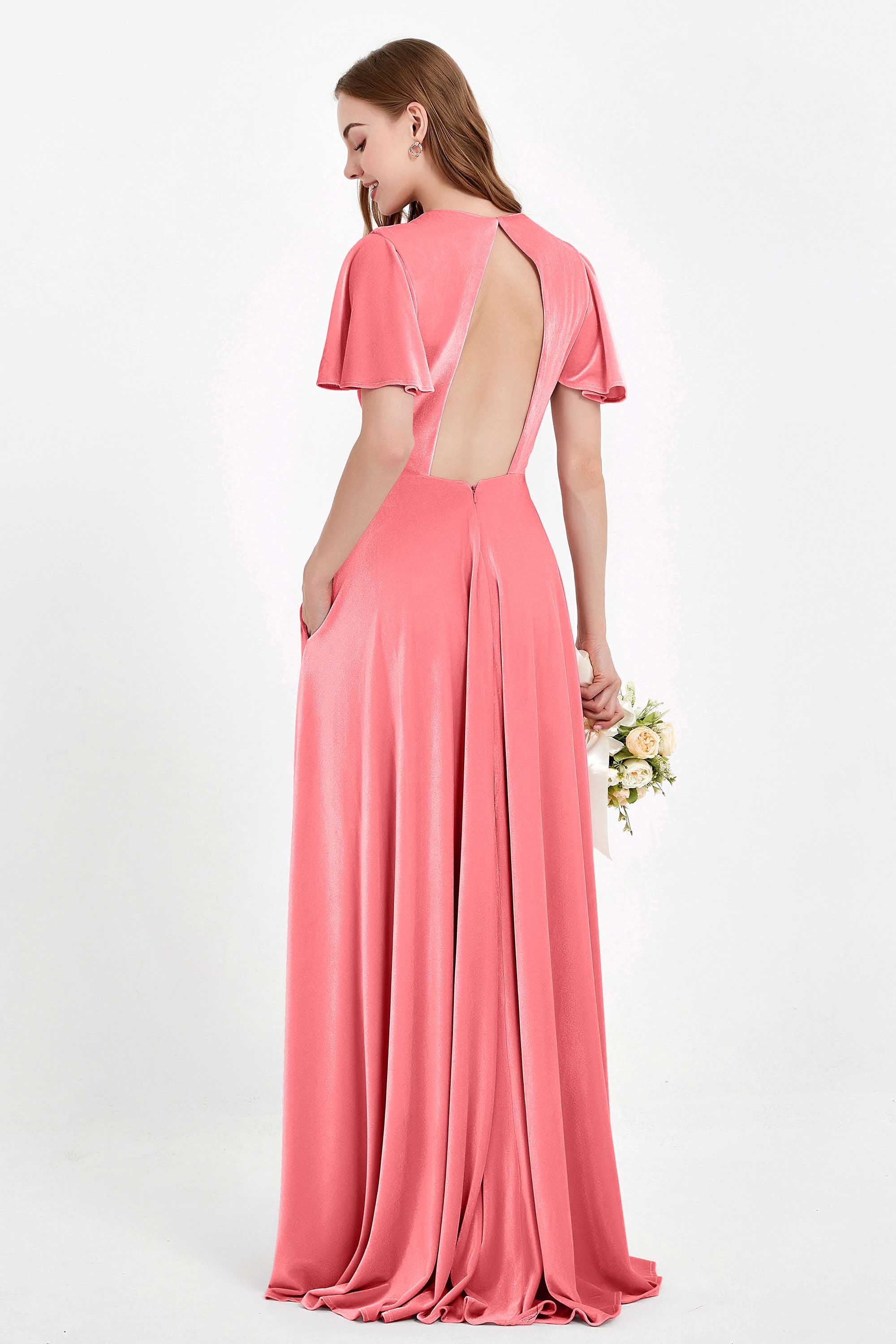 Velvet Women's Formal Evening Dresses Flutter Sleeves Mother of the Bride Dress Gowns