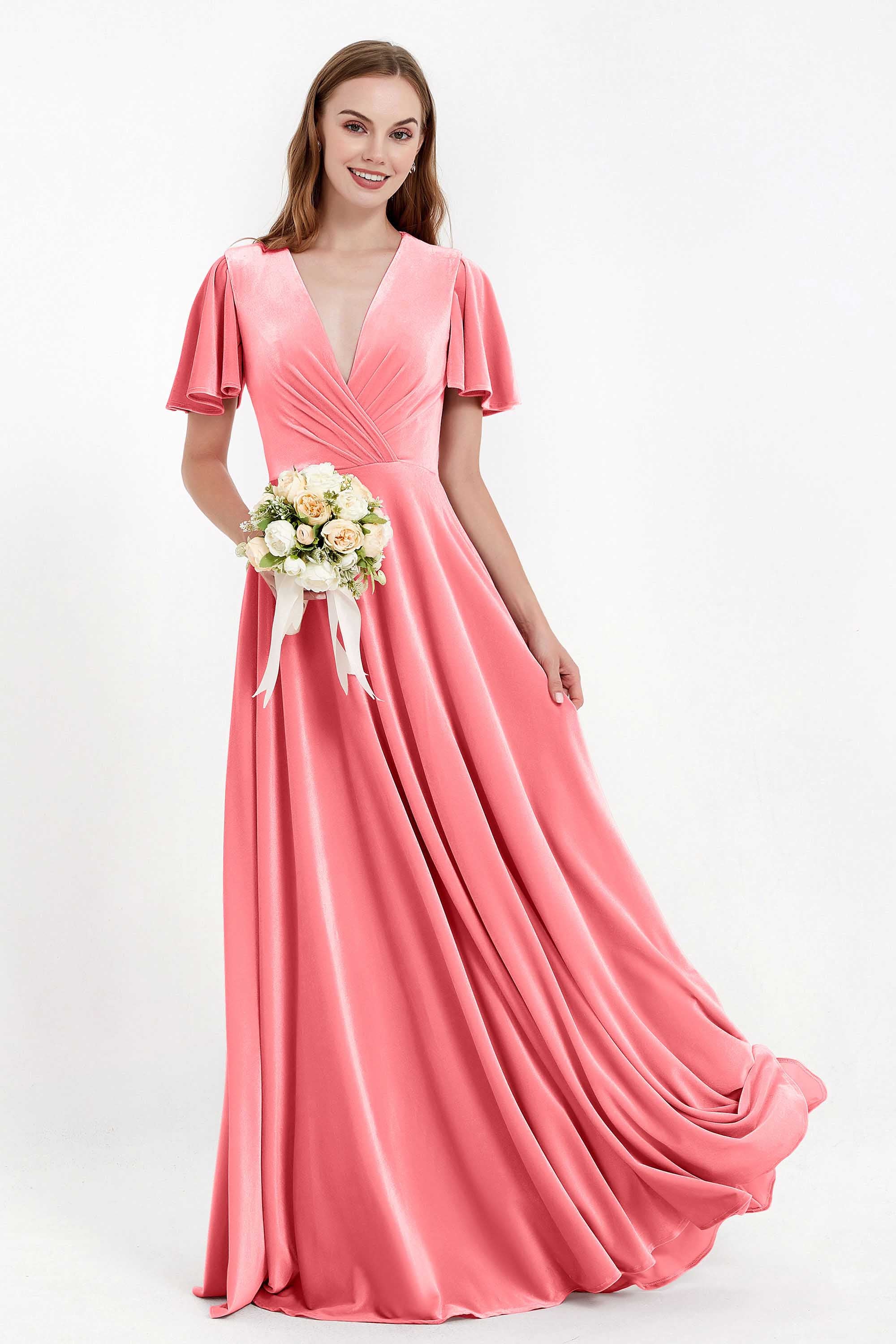 Velvet Women's Formal Evening Dresses Flutter Sleeves Mother of the Bride Dress Gowns