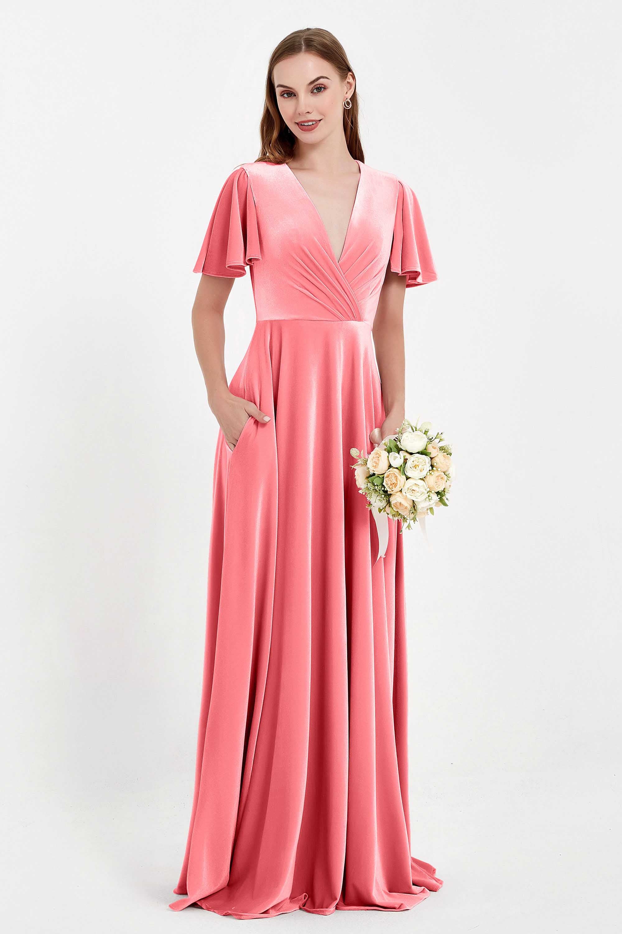 Velvet Women's Formal Evening Dresses Flutter Sleeves Mother of the Bride Dress Gowns