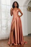 Stretch Satin Cowl Neck Formal Evening Dress Prom Gowns Bridesmaid Dresses with Slit