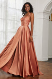 Stretch Satin Cowl Neck Formal Evening Dress Prom Gowns Bridesmaid Dresses with Slit