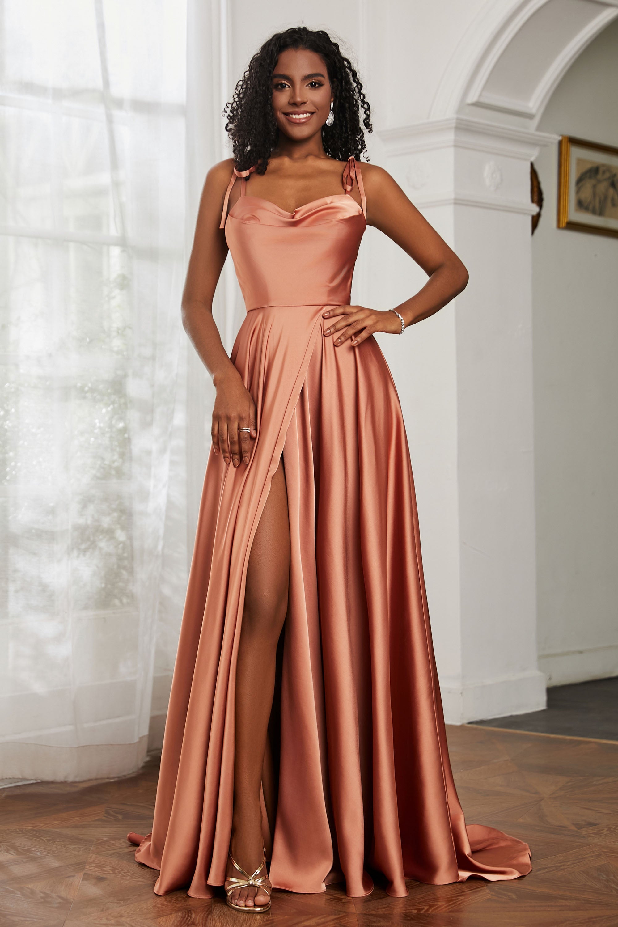 Stretch Satin Cowl Neck Formal Evening Dress Prom Gowns Bridesmaid Dresses with Slit