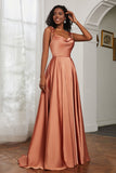 Stretch Satin Cowl Neck Formal Evening Dress Prom Gowns Bridesmaid Dresses with Slit