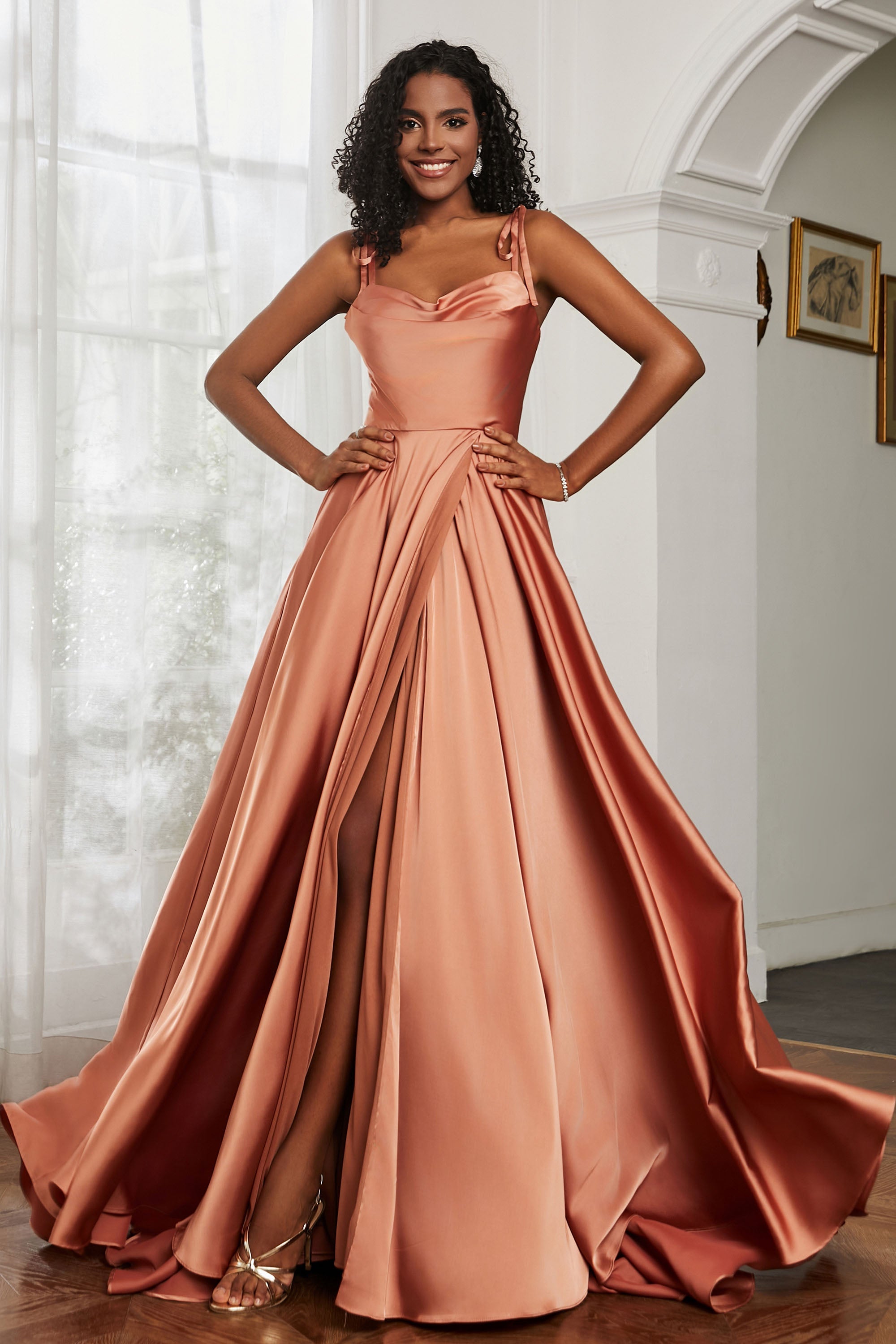 Stretch Satin Cowl Neck Formal Evening Dress Prom Gowns Bridesmaid Dresses with Slit