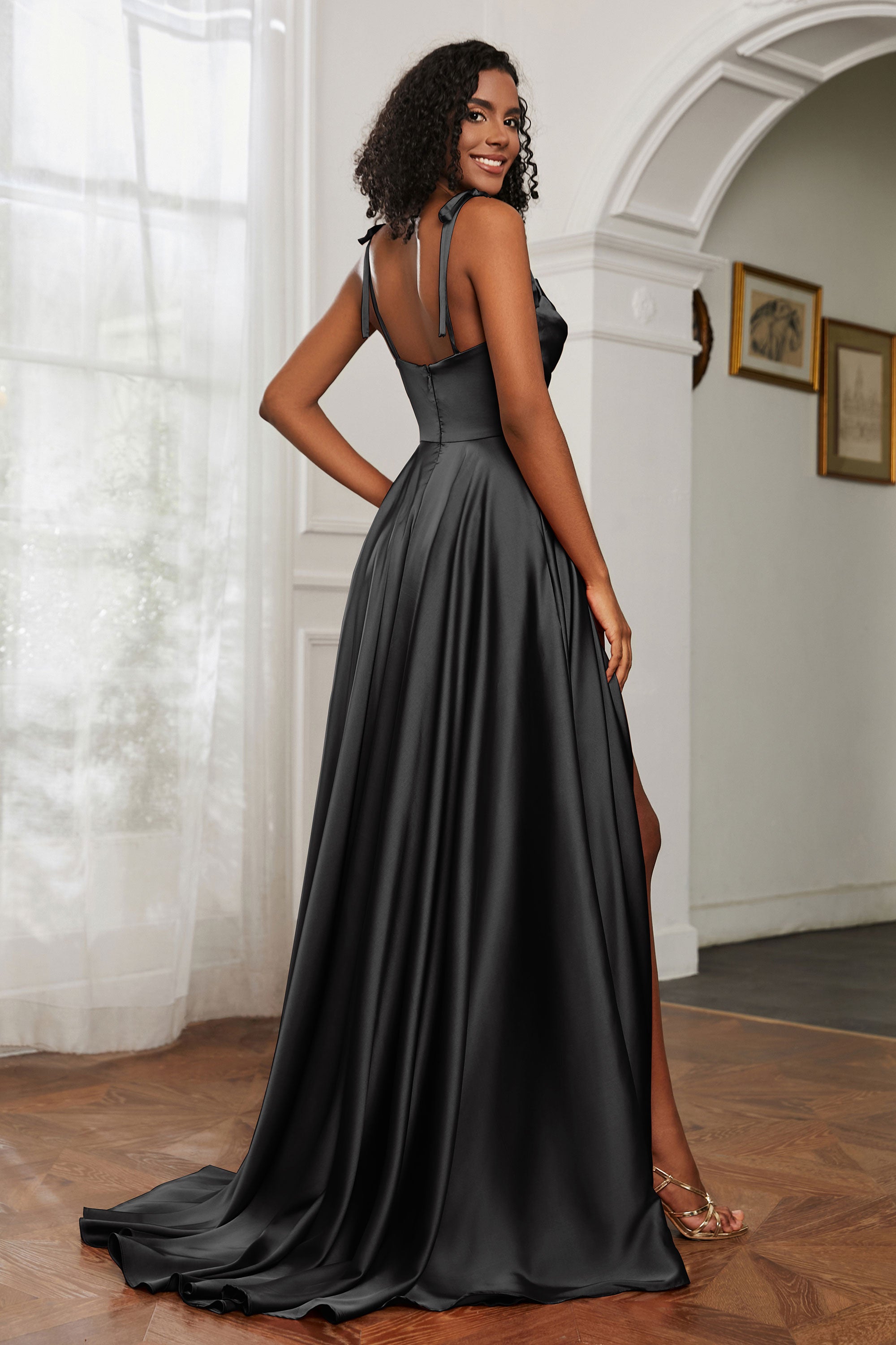 Stretch Satin Cowl Neck Formal Evening Dress Prom Gowns Bridesmaid Dresses with Slit