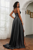 Stretch Satin Cowl Neck Formal Evening Dress Prom Gowns Bridesmaid Dresses with Slit