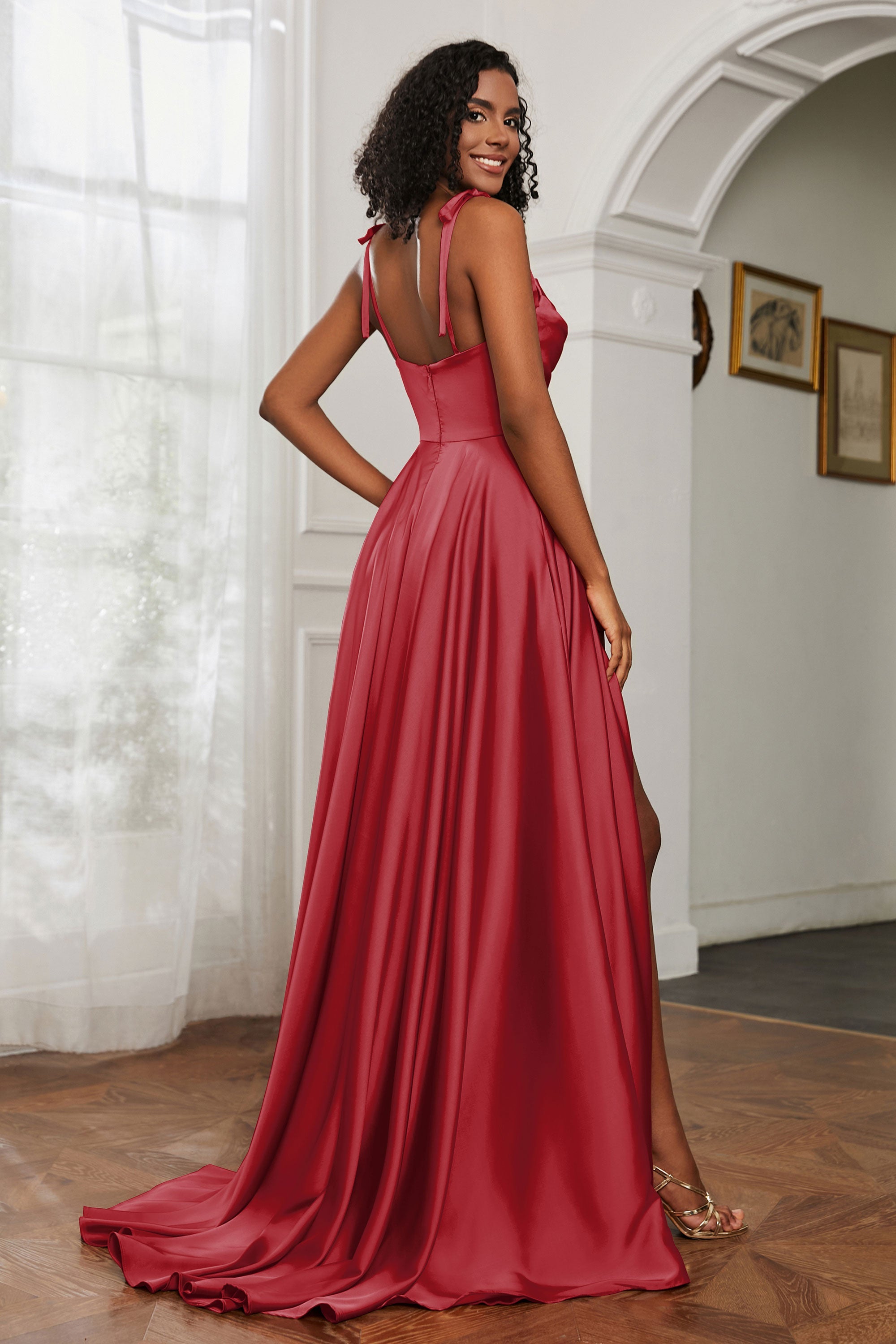 Stretch Satin Cowl Neck Formal Evening Dress Prom Gowns Bridesmaid Dresses with Slit