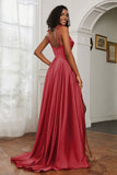 Stretch Satin Cowl Neck Formal Evening Dress Prom Gowns Bridesmaid Dresses with Slit
