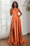 Stretch Satin Cowl Neck Formal Evening Dress Prom Gowns Bridesmaid Dresses with Slit
