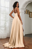 Stretch Satin Cowl Neck Formal Evening Dress Prom Gowns Bridesmaid Dresses with Slit