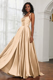 Stretch Satin Cowl Neck Formal Evening Dress Prom Gowns Bridesmaid Dresses with Slit