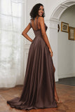 Stretch Satin Cowl Neck Formal Evening Dress Prom Gowns Bridesmaid Dresses with Slit