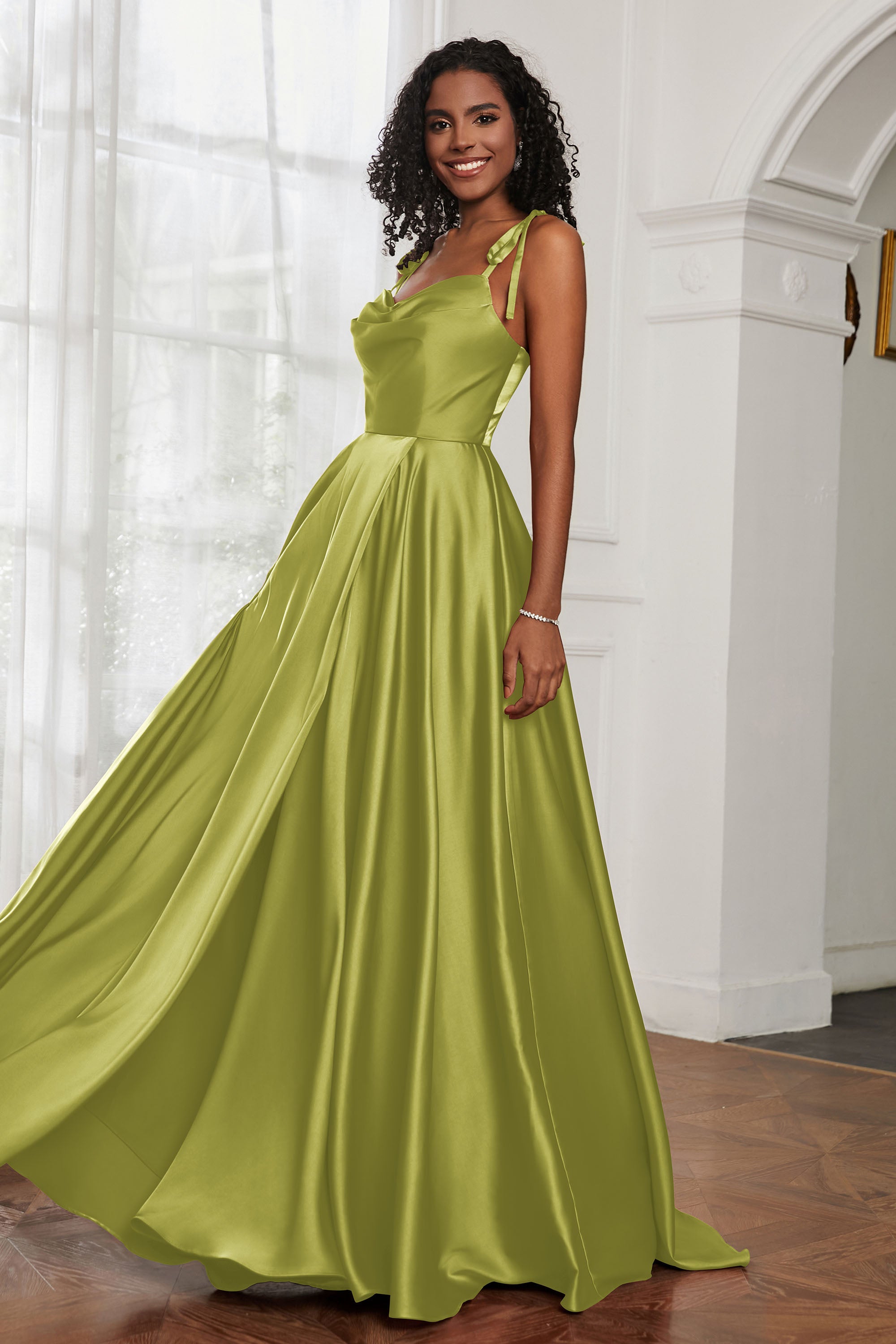 Stretch Satin Cowl Neck Formal Evening Dress Prom Gowns Bridesmaid Dresses with Slit