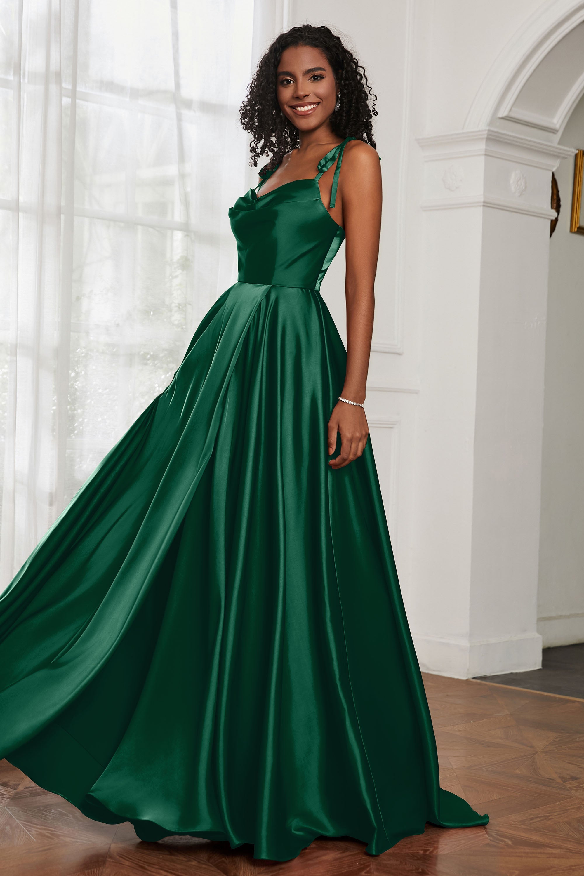 Stretch Satin Cowl Neck Formal Evening Dress Prom Gowns Bridesmaid Dresses with Slit