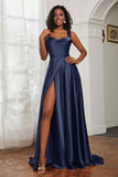Stretch Satin Cowl Neck Formal Evening Dress Prom Gowns Bridesmaid Dresses with Slit