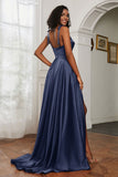 Stretch Satin Cowl Neck Formal Evening Dress Prom Gowns Bridesmaid Dresses with Slit