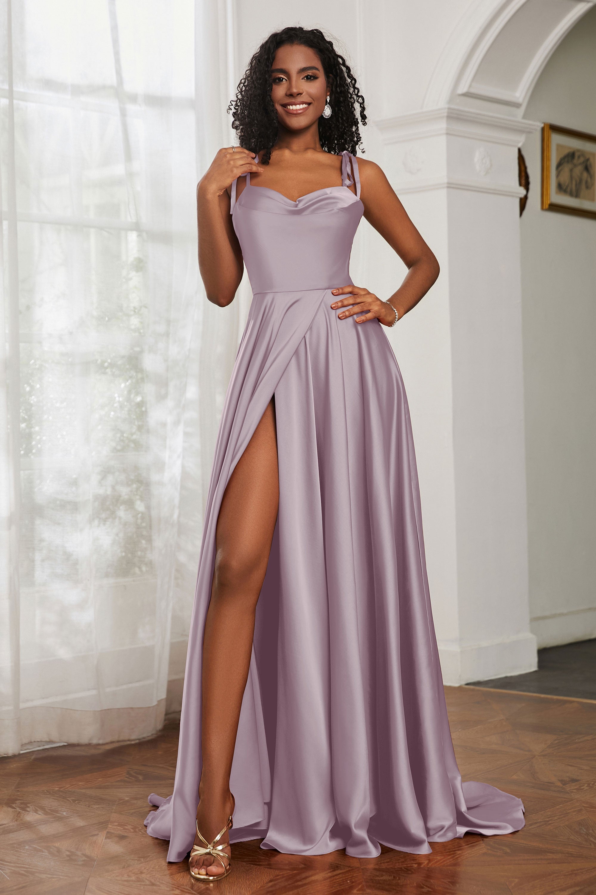 Stretch Satin Cowl Neck Formal Evening Dress Prom Gowns Bridesmaid Dresses with Slit