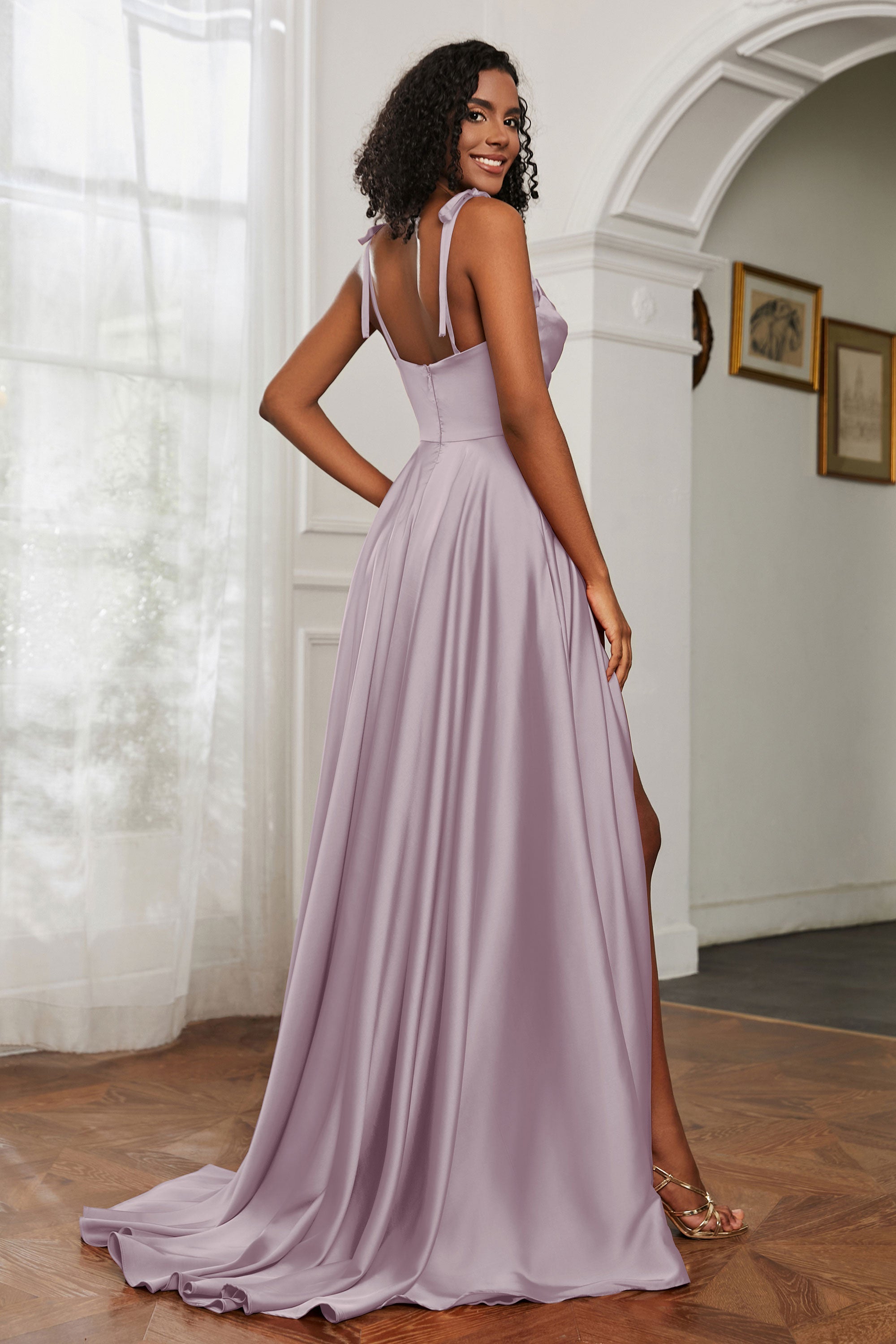 Stretch Satin Cowl Neck Formal Evening Dress Prom Gowns Bridesmaid Dresses with Slit