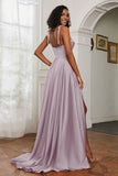 Stretch Satin Cowl Neck Formal Evening Dress Prom Gowns Bridesmaid Dresses with Slit
