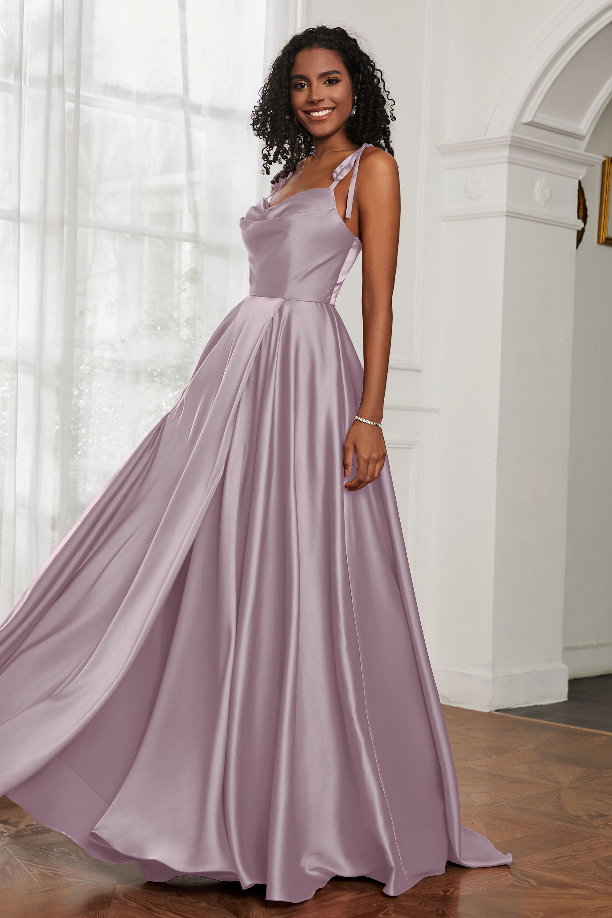 Stretch Satin Cowl Neck Formal Evening Dress Prom Gowns Bridesmaid Dresses with Slit