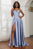 Stretch Satin Cowl Neck Formal Evening Dress Prom Gowns Bridesmaid Dresses with Slit