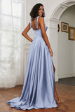 Stretch Satin Cowl Neck Formal Evening Dress Prom Gowns Bridesmaid Dresses with Slit