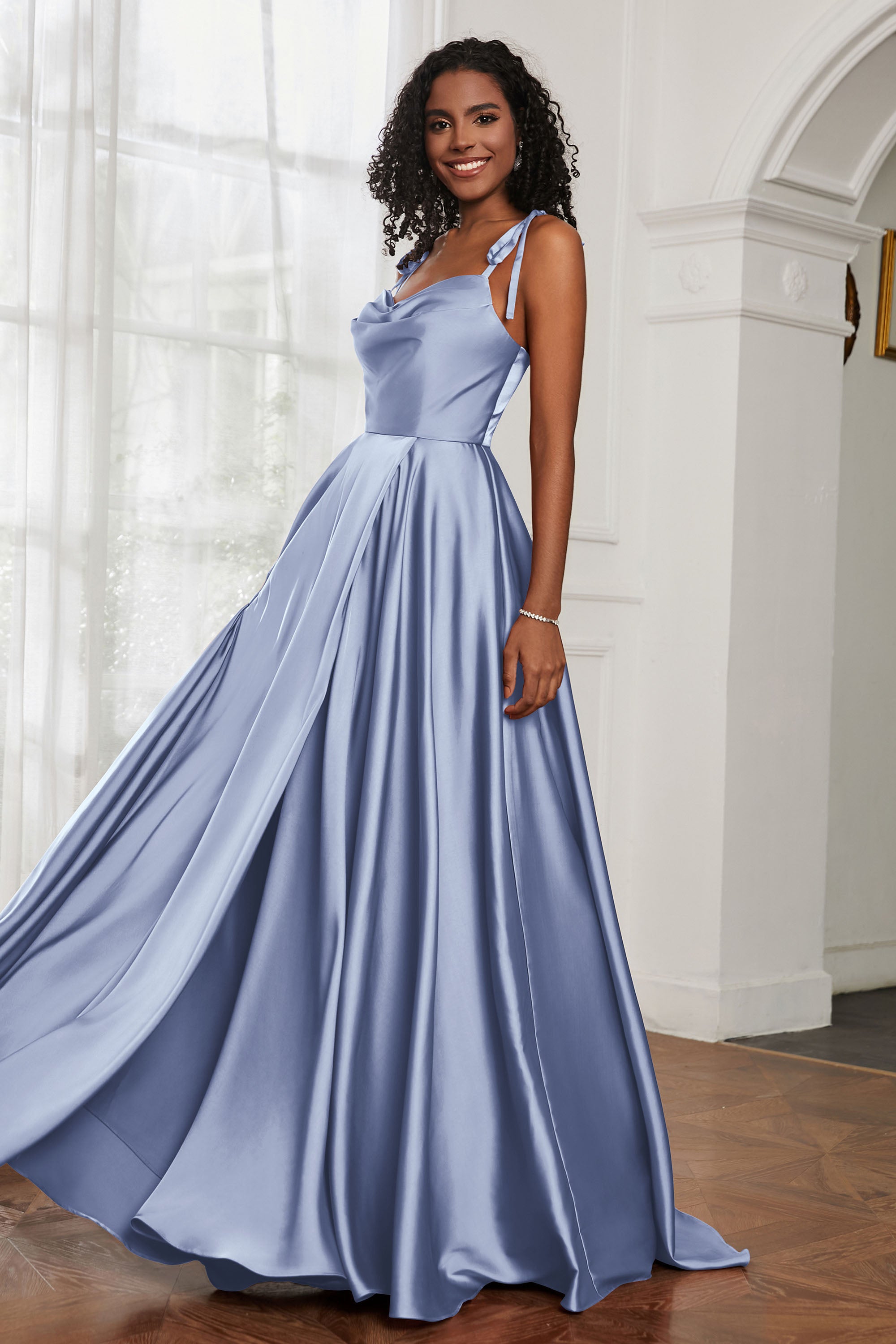 Stretch Satin Cowl Neck Formal Evening Dress Prom Gowns Bridesmaid Dresses with Slit